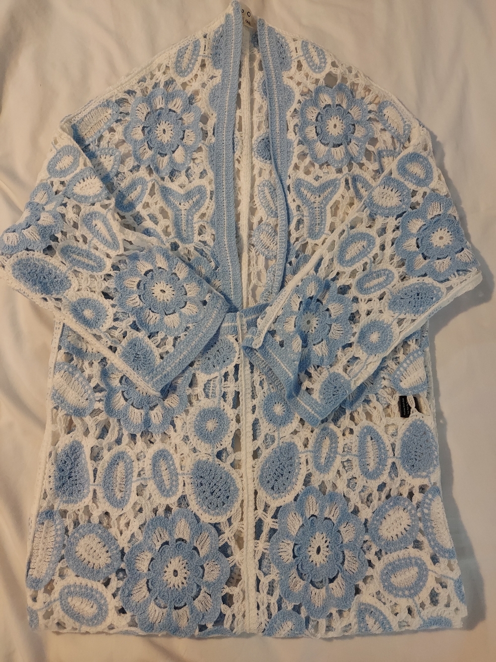 POL Boho Blue White Floral Crochet Open Front Knit Weave Duster Cardigan OS - Picture 8 of 8
